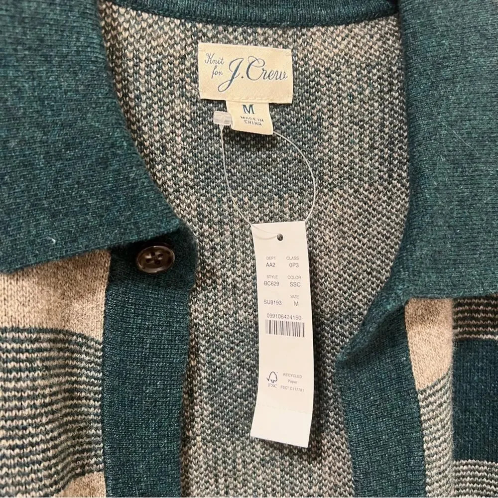 NEW J.Crew Merino Wool-Blend Plaid Polo Cardigan Sweater M Spruce Split Check
